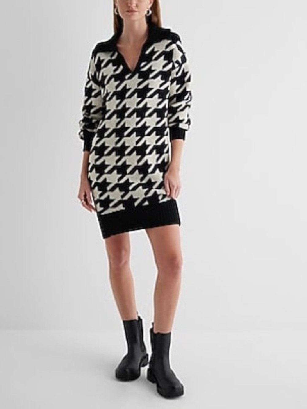 NWT Houndstooth V-neck Mini Sweater Polo Dress